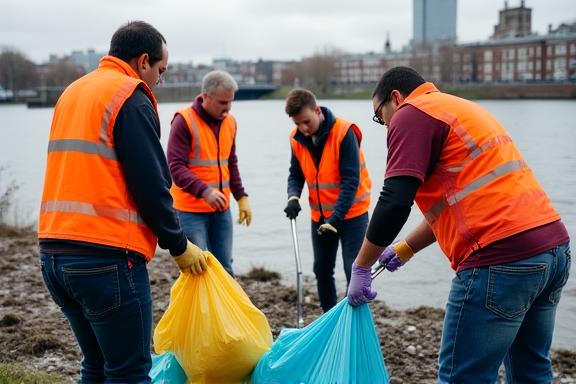 Corporate volunteers from a Dublin SME working alongside community members on a Liffey riverside cleanup project